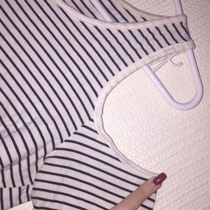 white and black striped no shoulder crop top